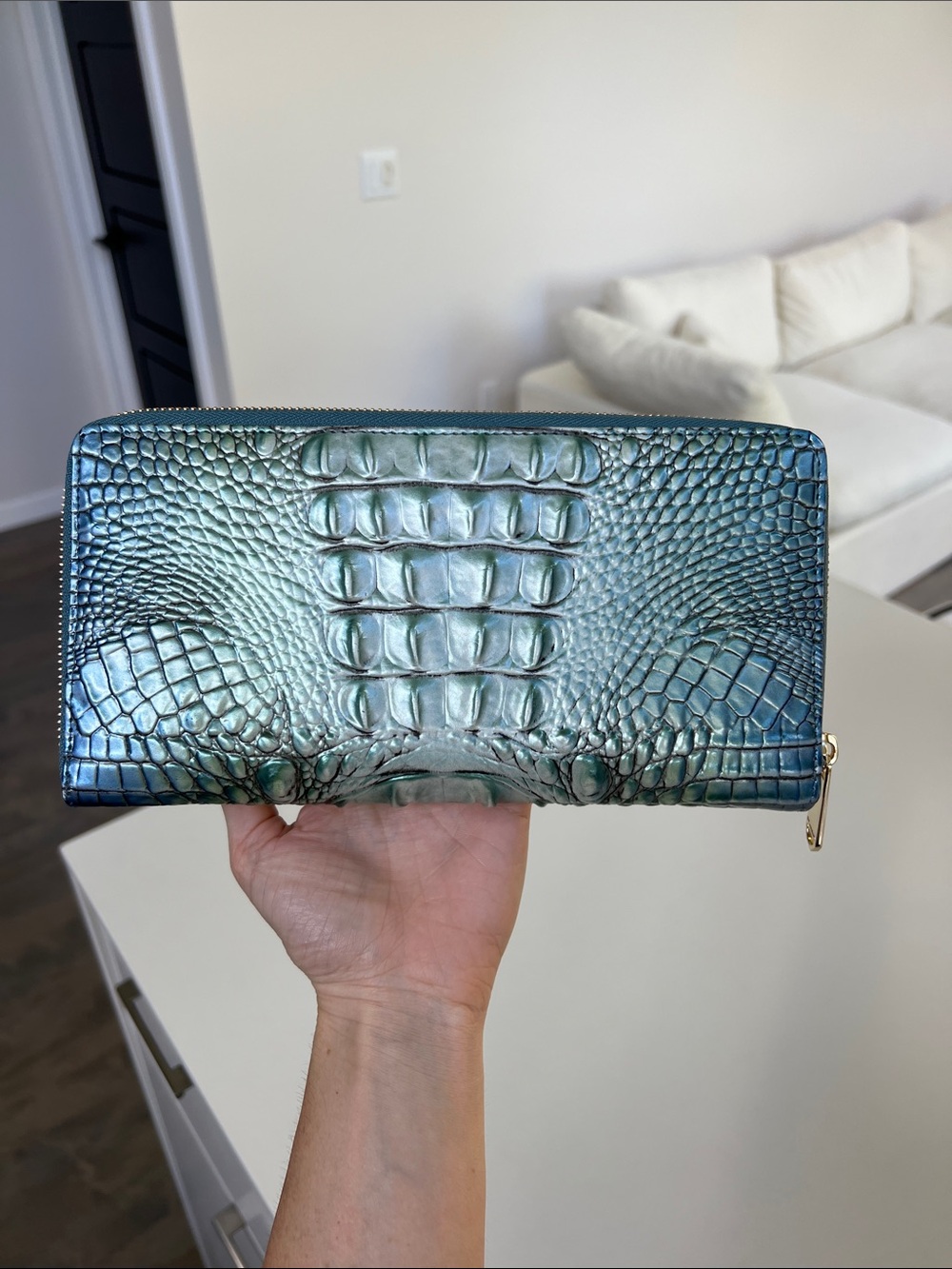 BRAHMIN teal blue and seafoam green leather zip around wallet